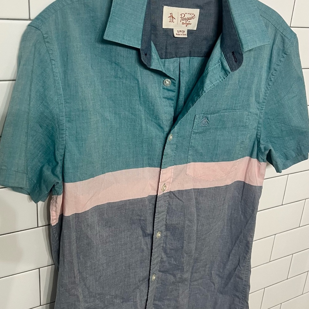 Original Penguin Men's Blue and Pink Shirt Size Small